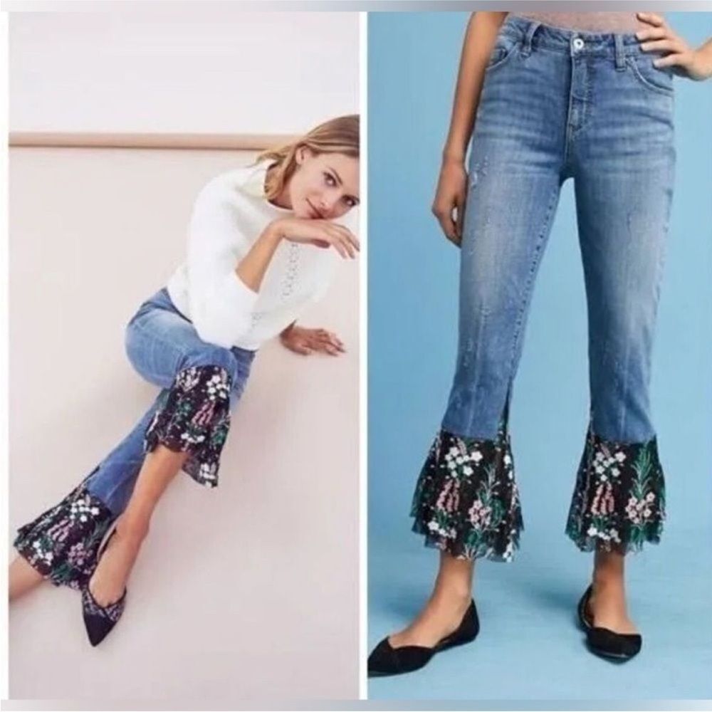 Pilcro & The Letterpress by Anthropologie Tiered Flounce Lace Hem Jeans Size 25 - Picture 2 of 11